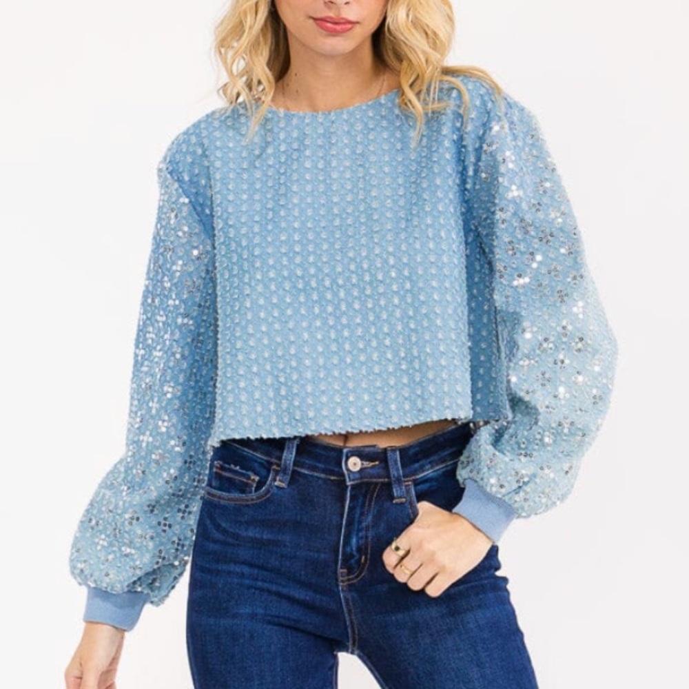 ON SALE A110. Light Blue Denim Sequin Embellished Long Sleeve Top